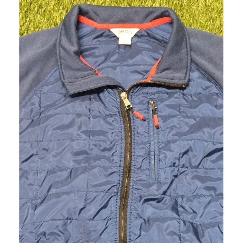 Orvis Hybrid Jacket Mens Medium Blue Quilted Fleece Full Zip Mock Neck